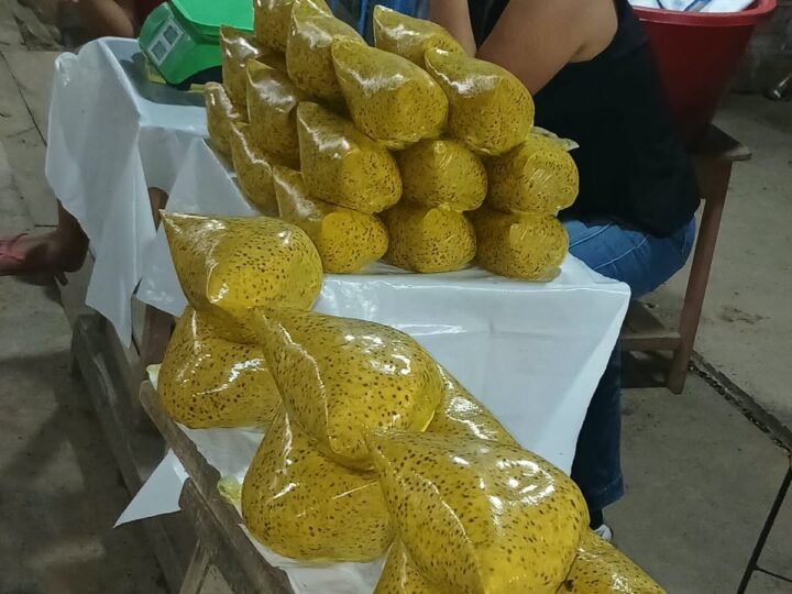 Bolsas de pulpa de aguaje en el puesto, pesadas y listas para la venta