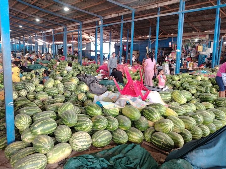 Sandías apiladas en el pabellón de frutas del Mercado 23 de Noviembre