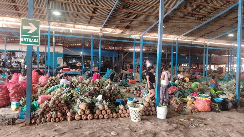 Rumas de piña junto a la entrada del mercado